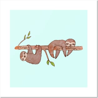 Baby Sloths hanging on Tree Pattern Posters and Art
